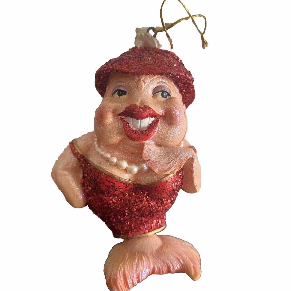 Anthromorphic Fish Christmas ornament Red Hat Pearls Glitter December Diamonds
